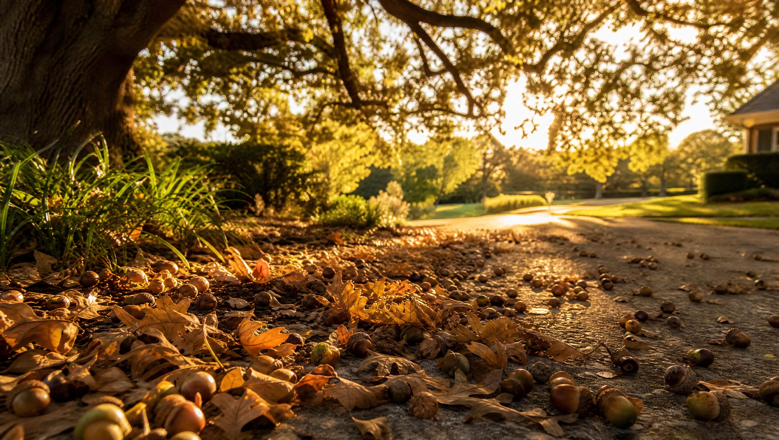 Golden-hour close-up of a driveway thick with fallen acorns and oak leaves beneath a backlit oak canopy