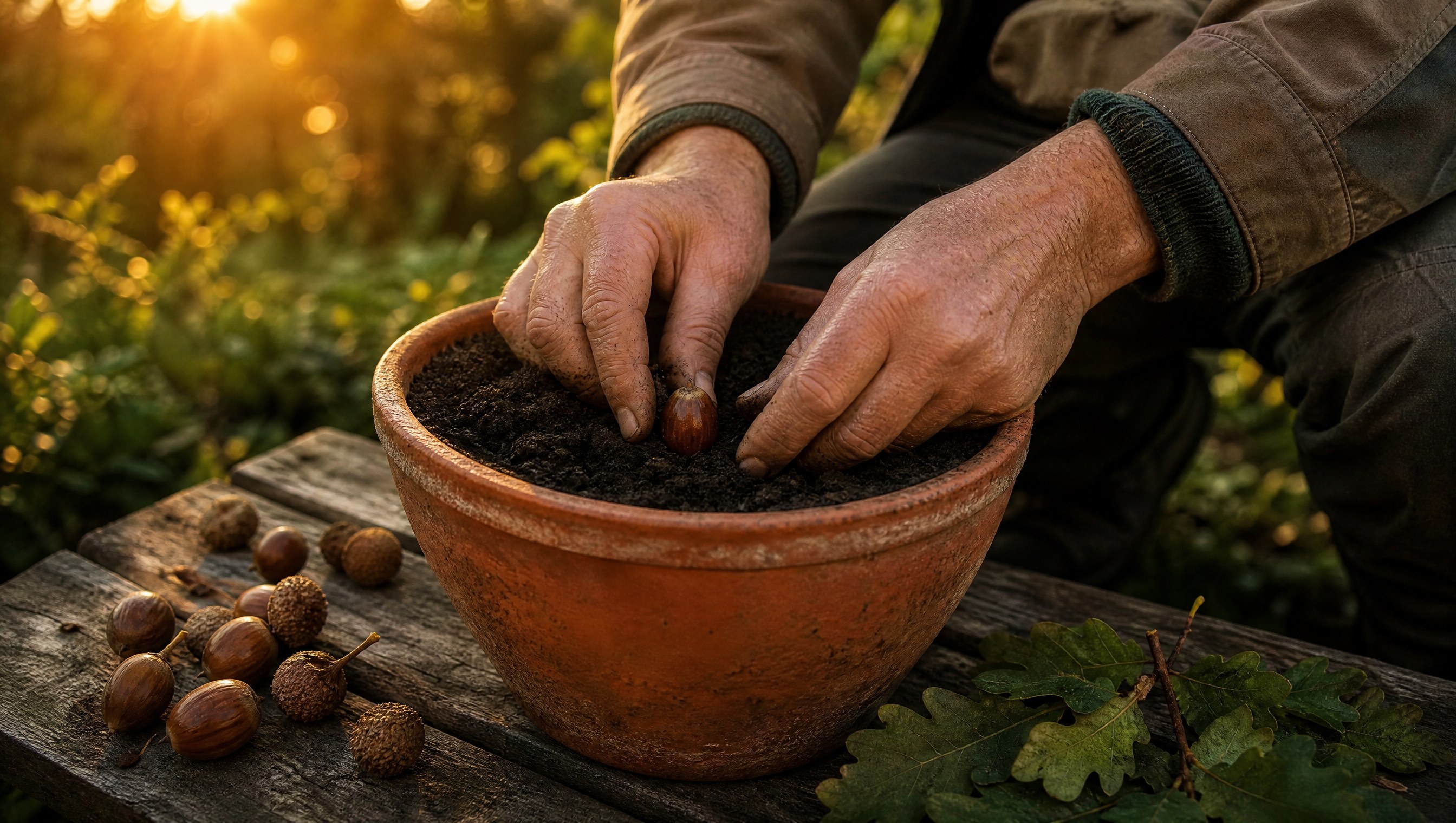 Hands pressing a single acorn into dark soil in a terracotta pot on a weathered bench, oak leaves and acorns scattered beside it in golden evening light