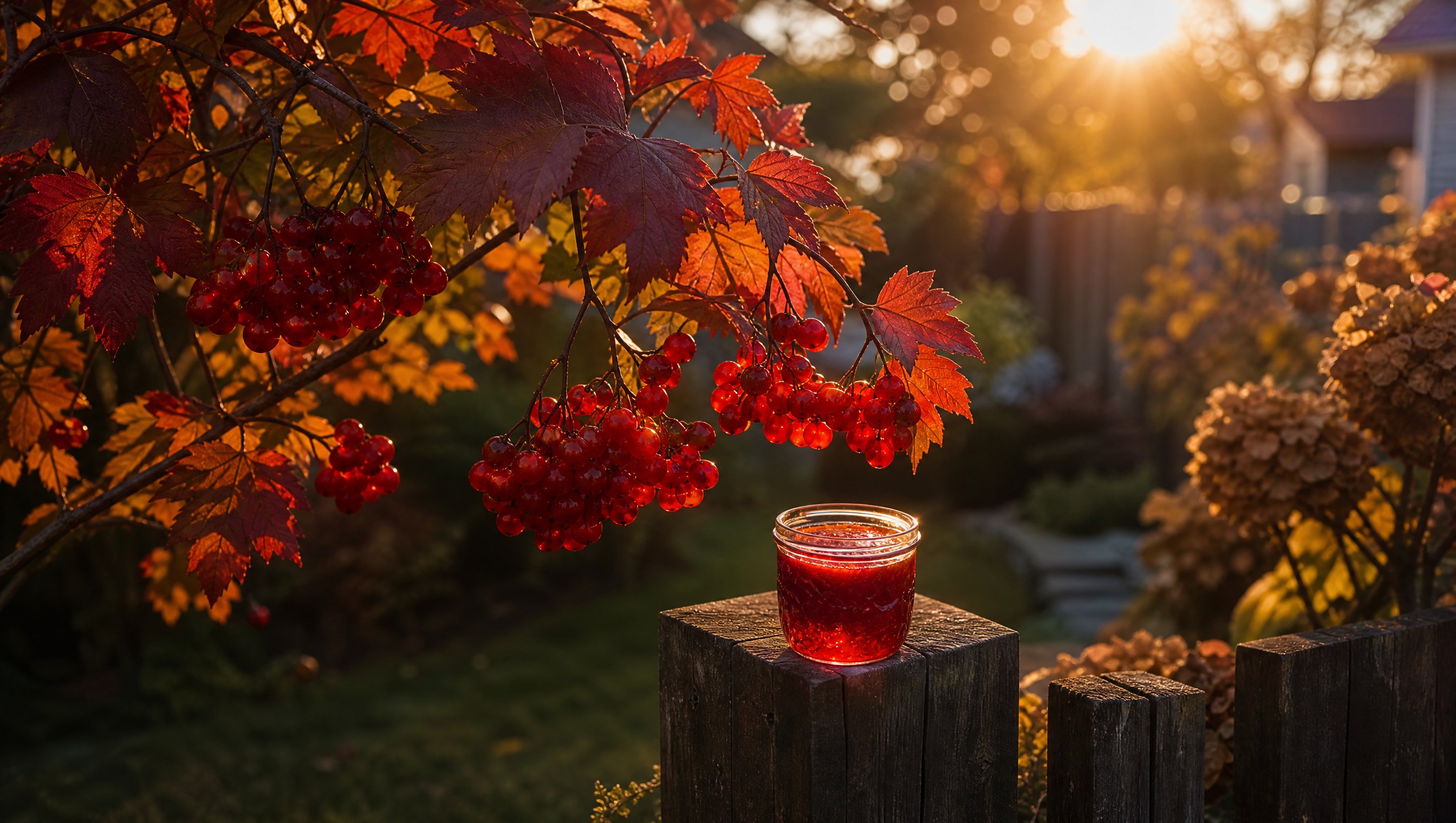 Drooping clusters of glossy scarlet highbush cranberry berries on a shrub with three-lobed red and orange leaves, a small jar of red jelly on a fence post