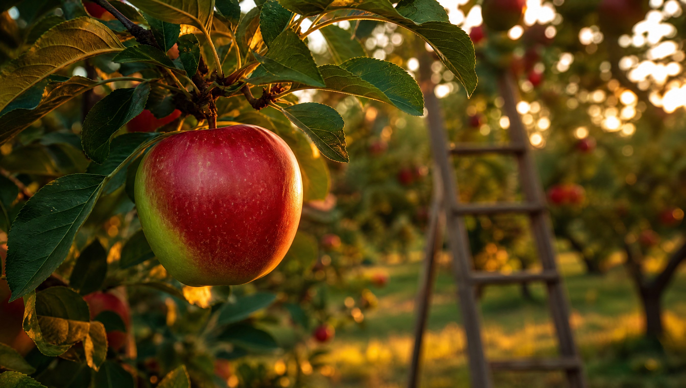 One apple hanging on its stem among leaves, turned so that its sun-facing side is deep red and its shaded back is clearly green, with more apples and an old ladder soft in the background