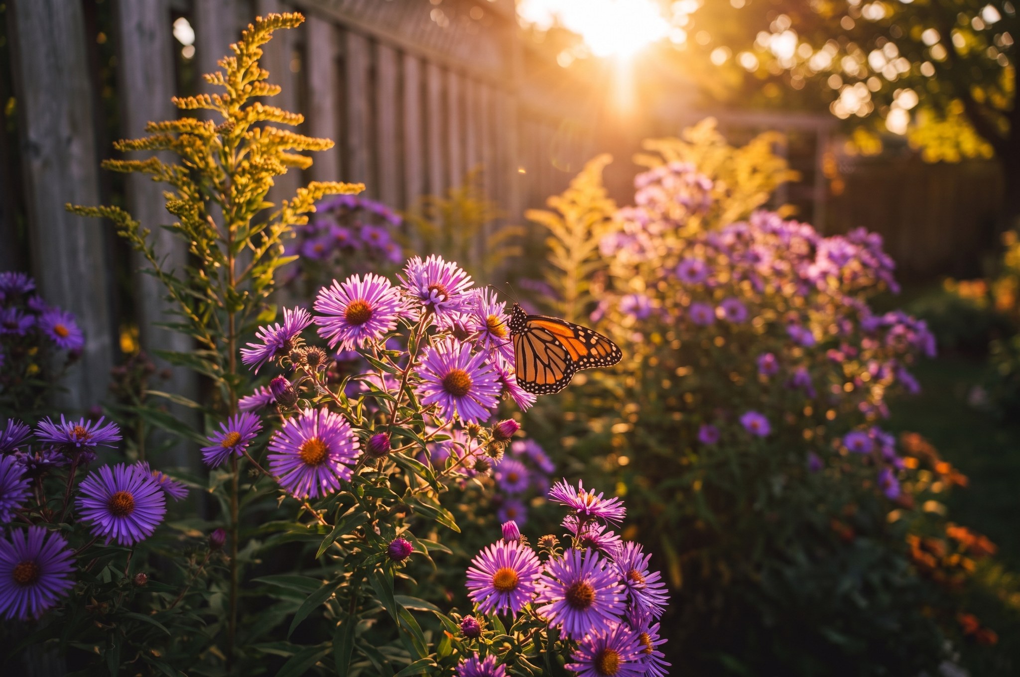 Monarch butterfly feeding on purple New England asters beside goldenrod at a garden fence in warm evening light