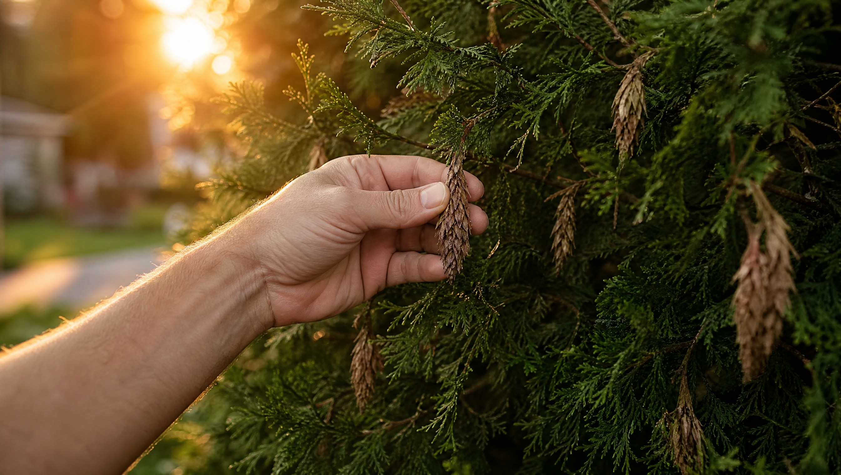 Golden-hour close-up of a gardener's hand picking a brown, cone-shaped bagworm bag off an arborvitae branch
