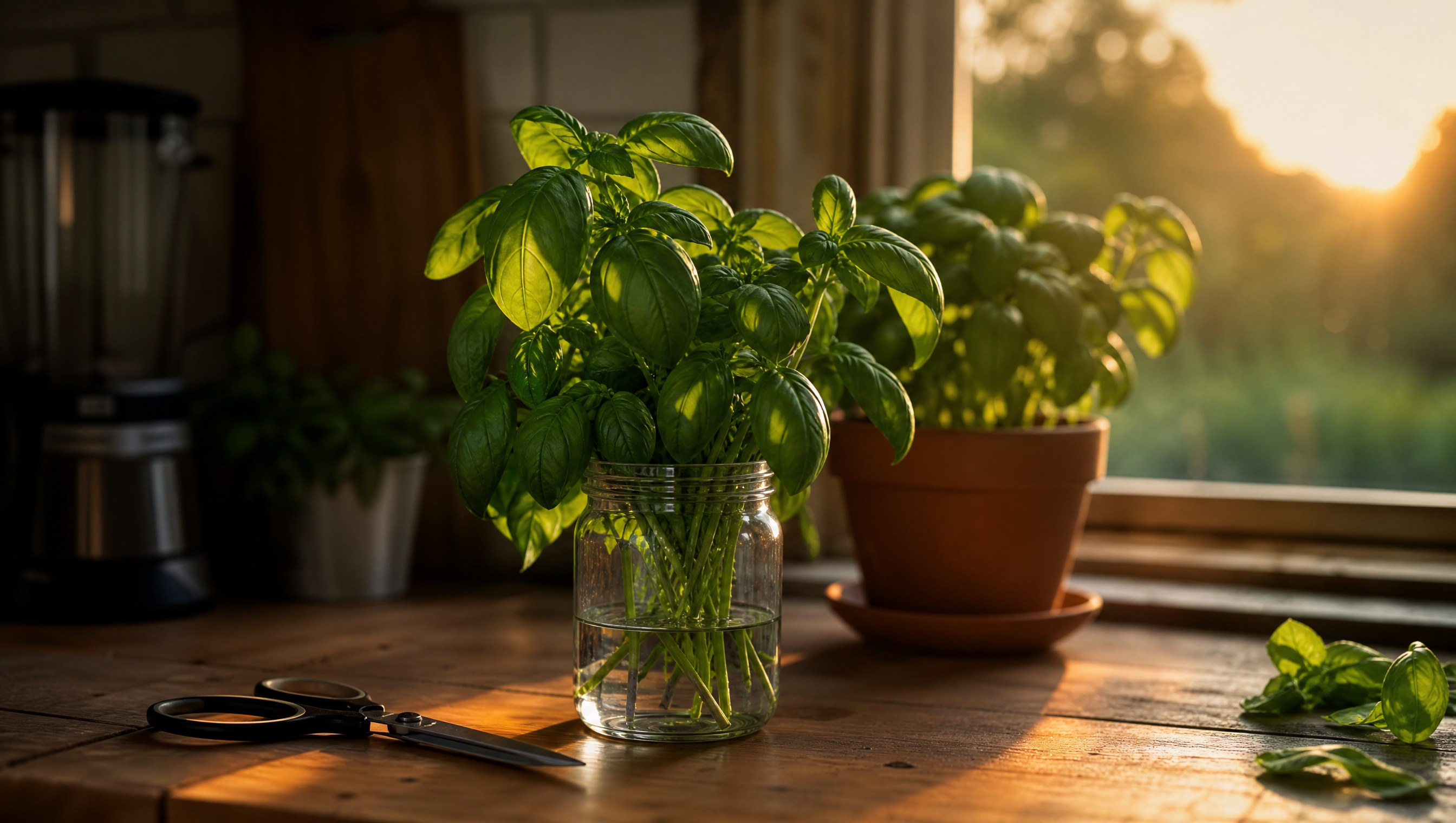 A glass jar of freshly cut basil stems on a weathered wooden kitchen counter by a window in low warm evening light, kitchen scissors beside the jar and a dark garden soft in the window behind