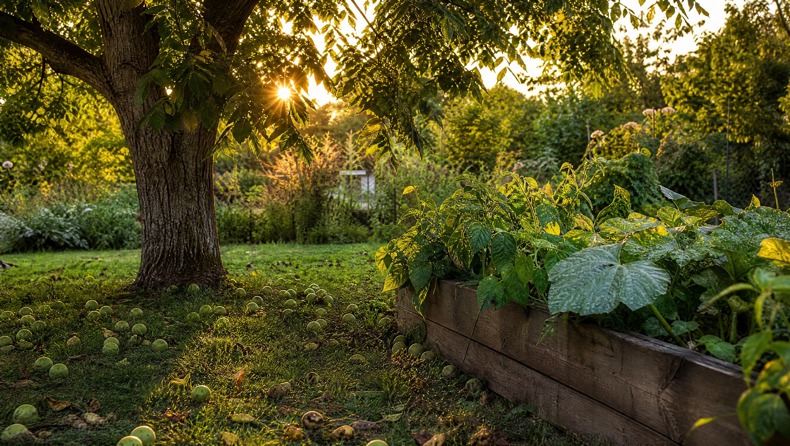 A mature black walnut tree at the edge of a home vegetable garden in early autumn, green hulls on the grass and a raised bed in its shade
