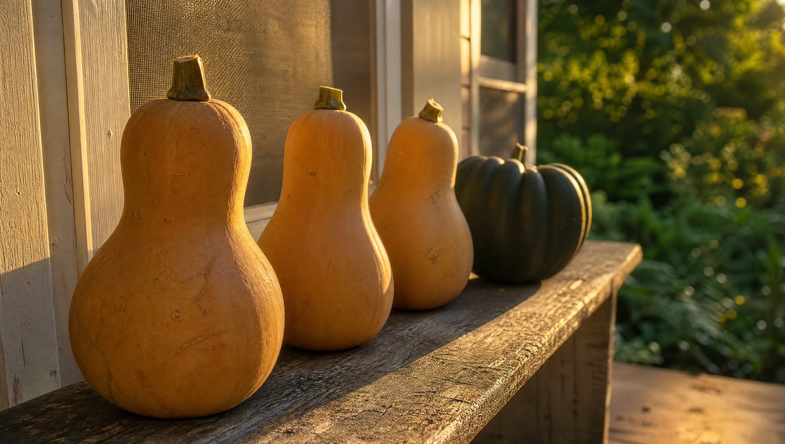 Three tan butternut squash and one dark green acorn squash lined up on a weathered wooden porch bench in low September sun