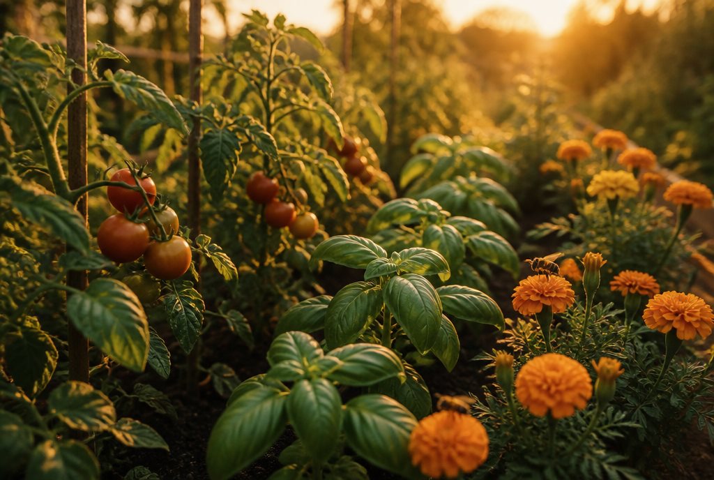 Tomatoes, basil, and marigolds interplanted in a garden bed at golden hour