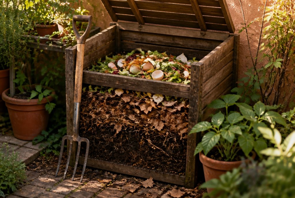 Wooden compost bin layered with kitchen scraps and dry leaves, garden fork alongside
