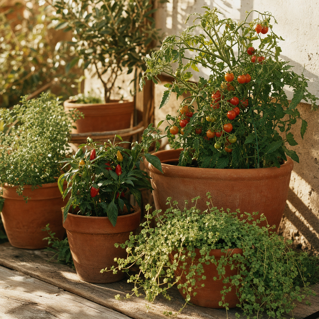 Terracotta pots of cherry tomatoes, peppers and trailing herbs on a patio