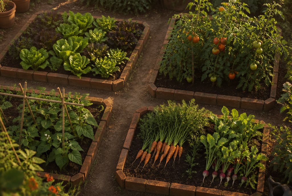 Four small garden beds each planted with a different crop family