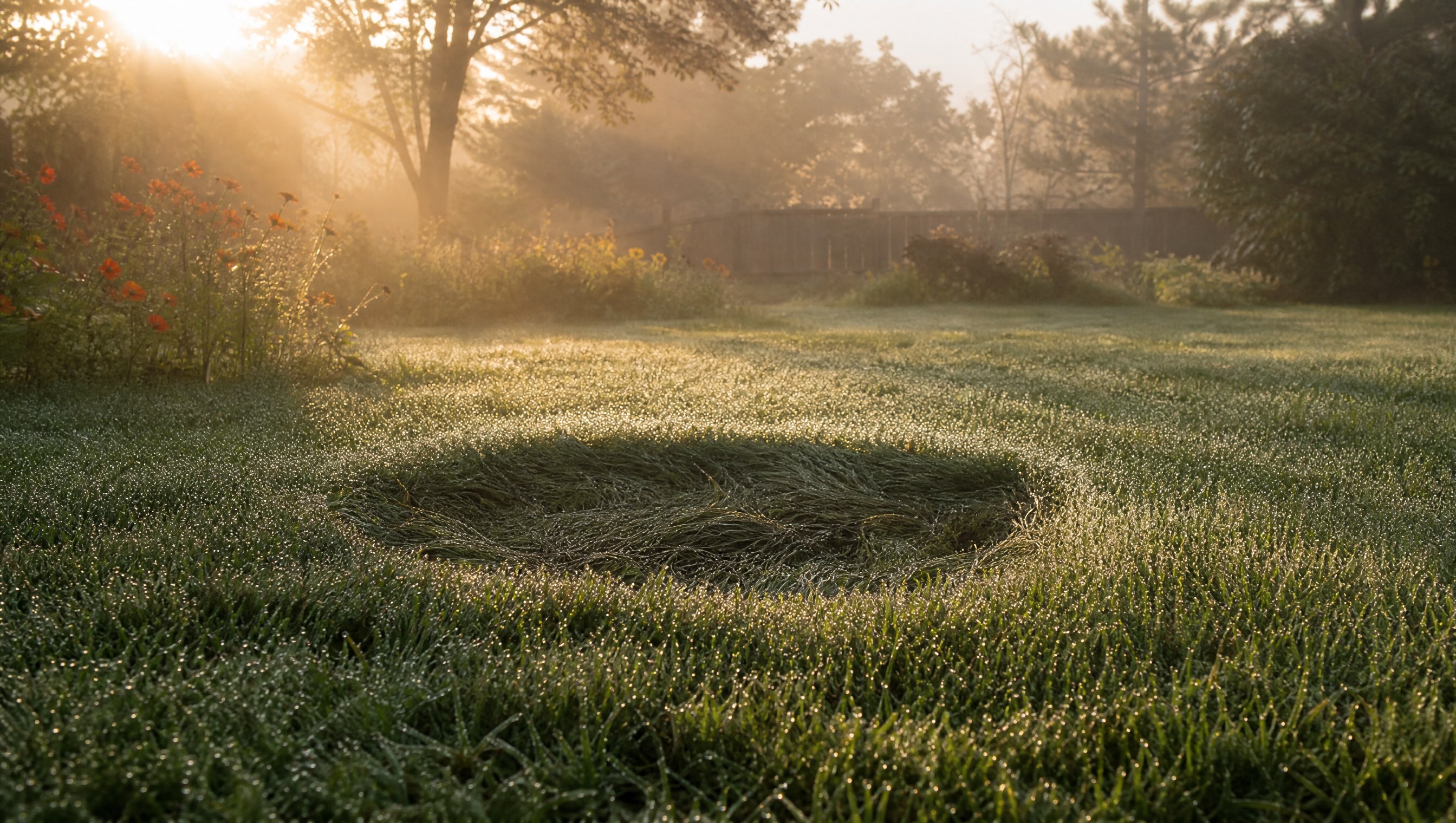 Flattened oval deer bed in dewy meadow grass at sunrise with mist and a fence line behind