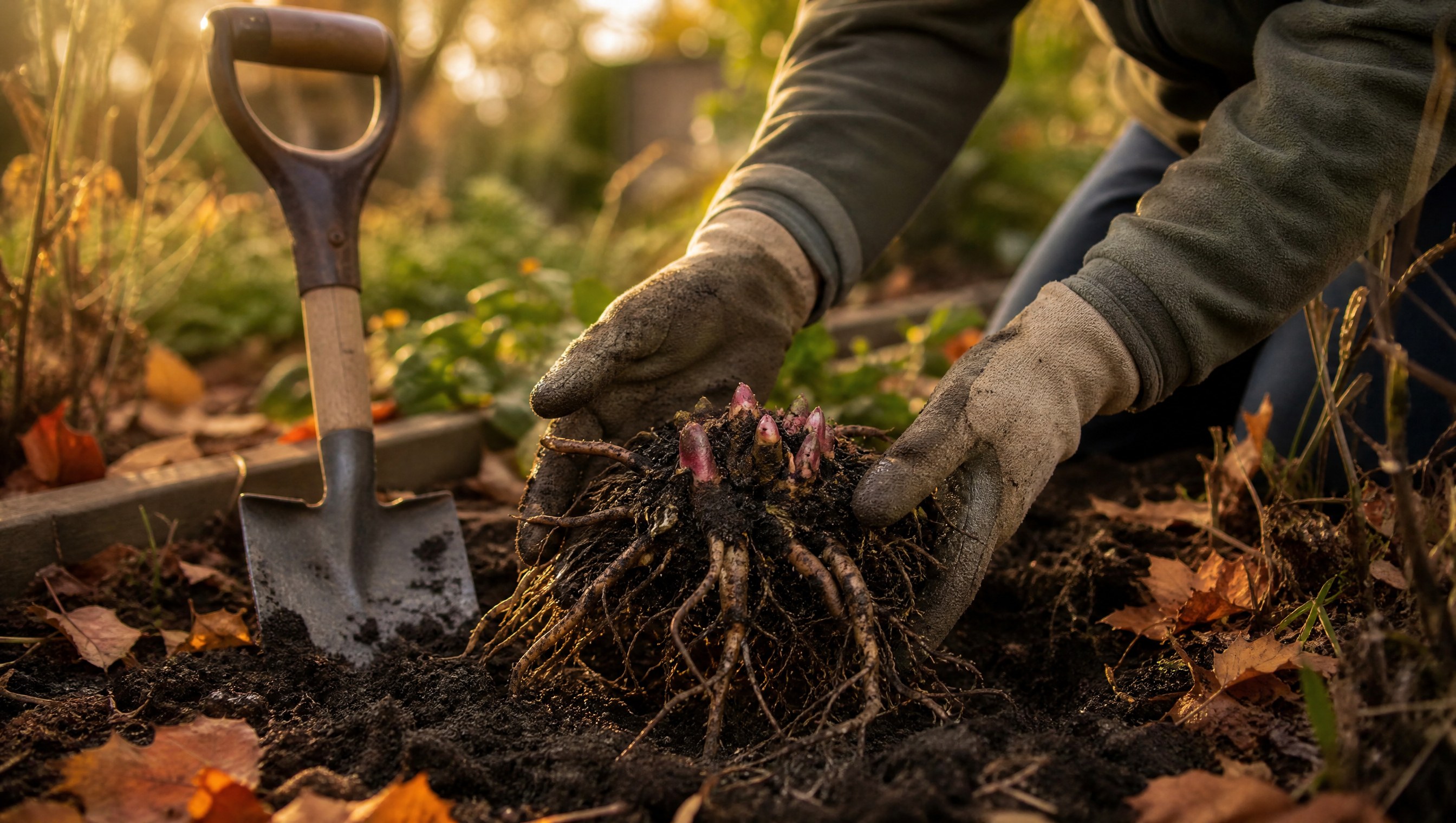A gardener's hands lifting a freshly dug herbaceous peony root clump from dark soil in late September light, pink-red dormant eyes visible on the crown, a spade resting nearby