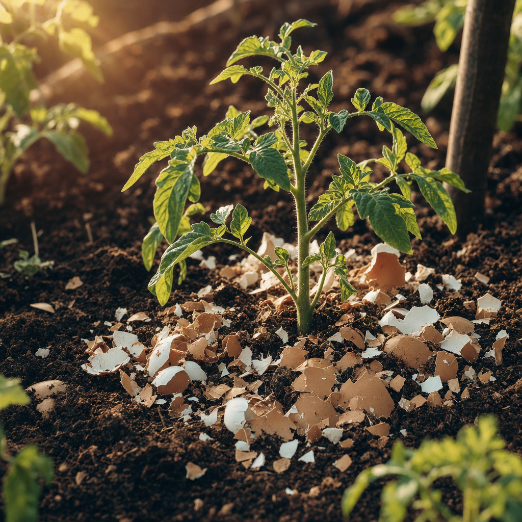 Crushed eggshells scattered around the base of a young tomato plant