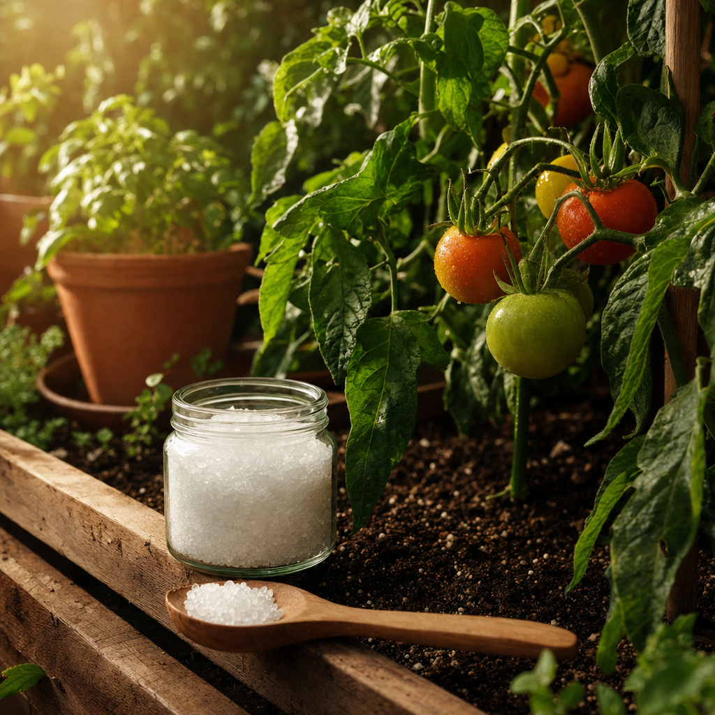 Glass jar of epsom salt with a wooden spoon beside a tomato plant