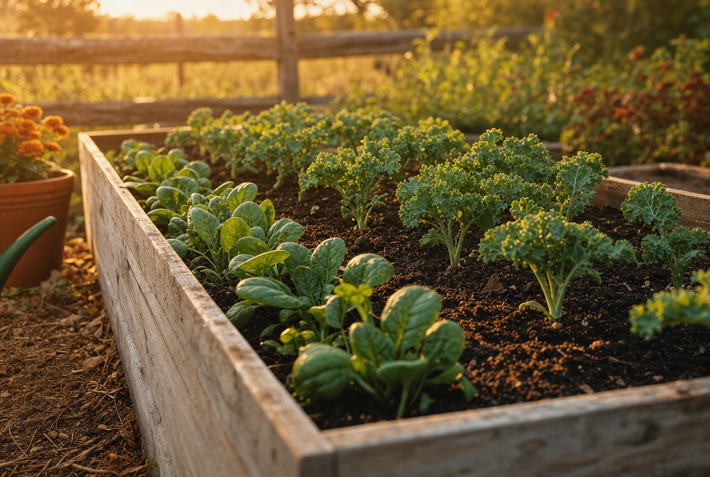 Raised bed of young fall seedlings in warm evening light