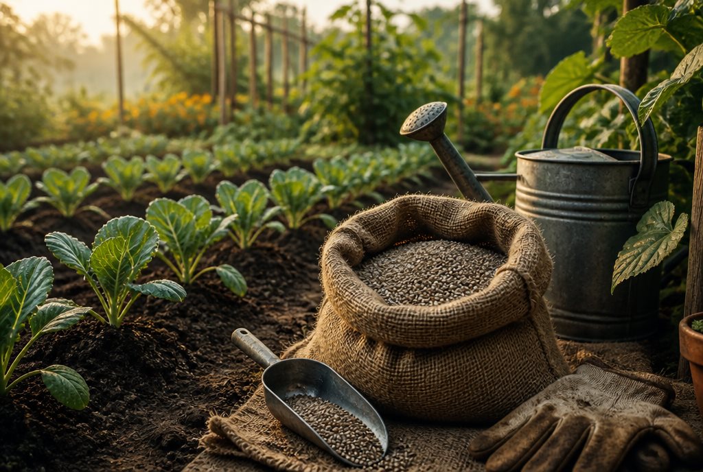 Sack of granular fertilizer with a scoop beside young vegetable rows