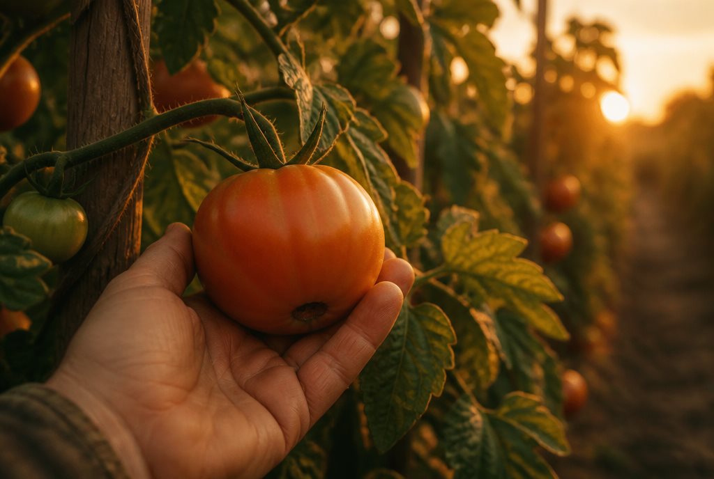 Hand cradling the season's first ripening tomato on the vine at sunset