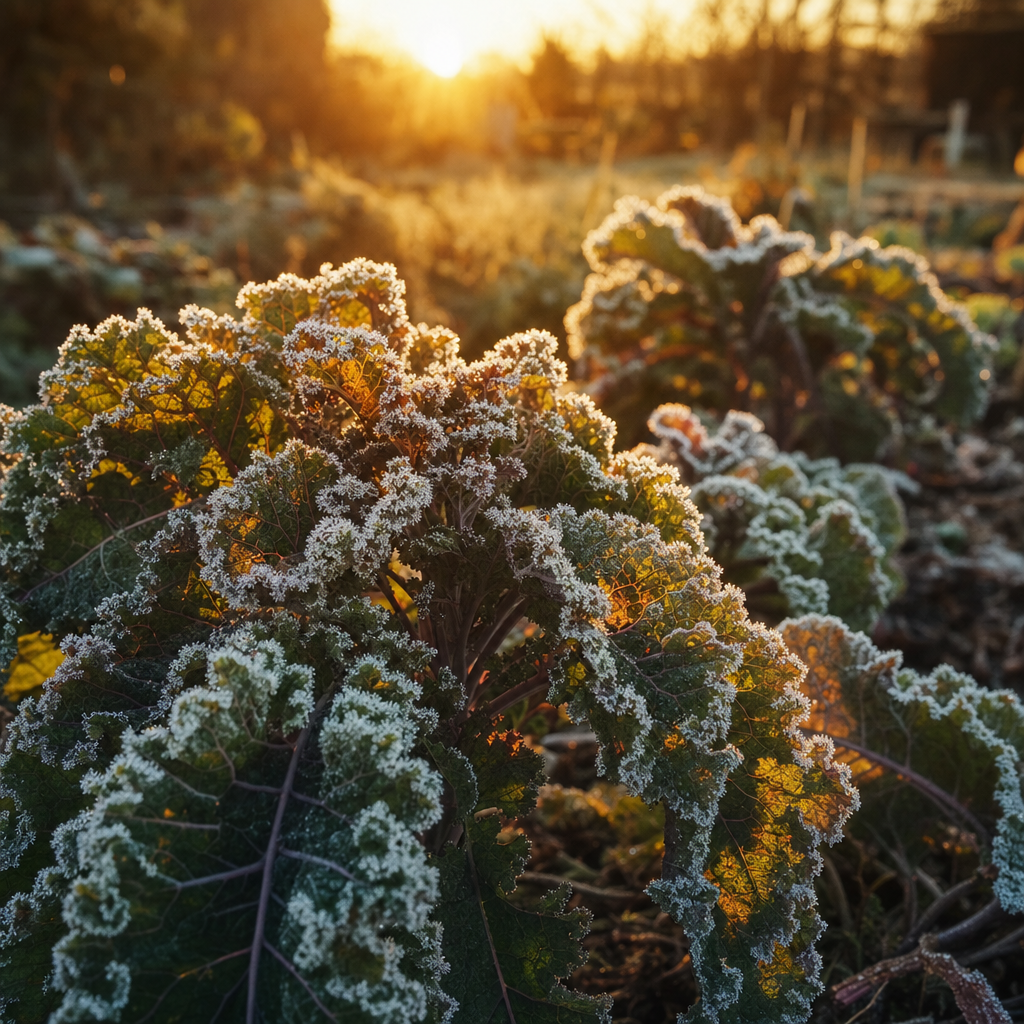Frost crystals edging kale leaves at sunrise