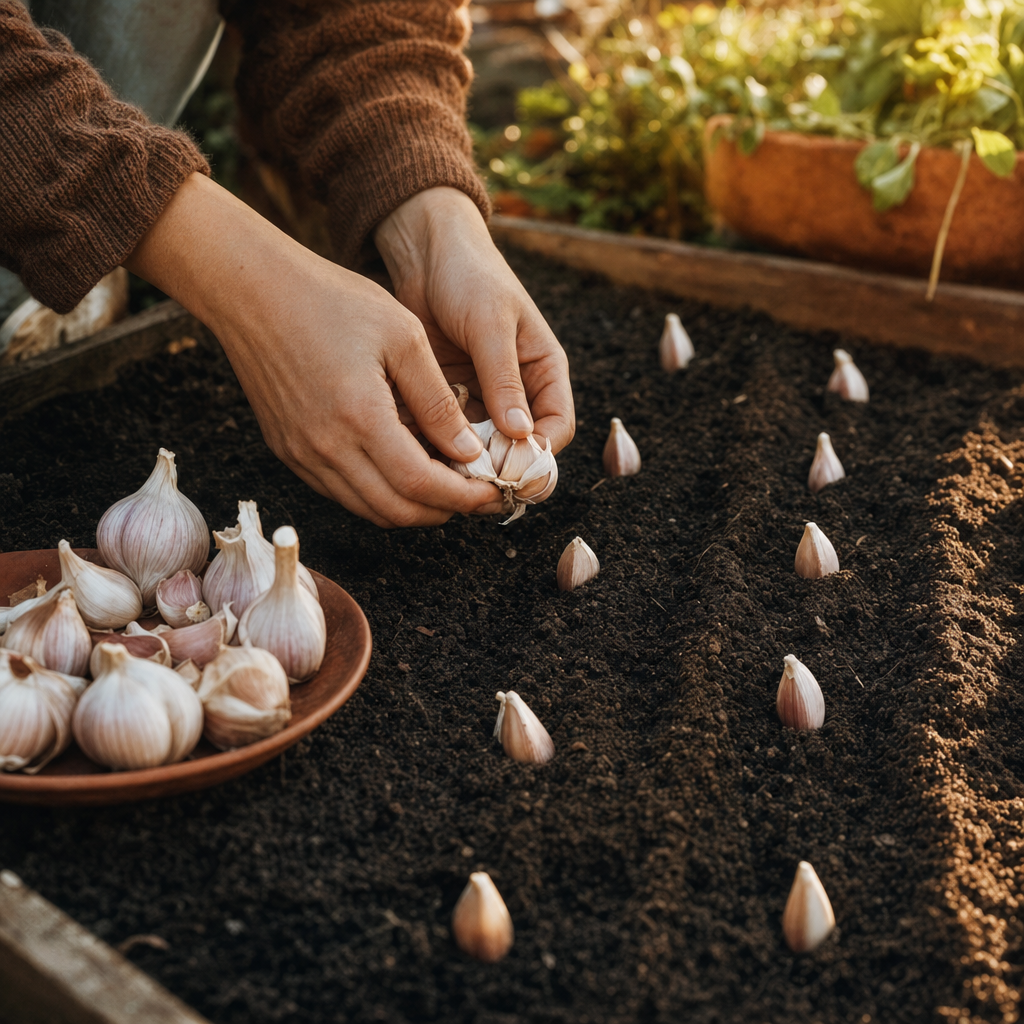 Hands separating garlic cloves over a garden bed with cloves pressed into dark soil