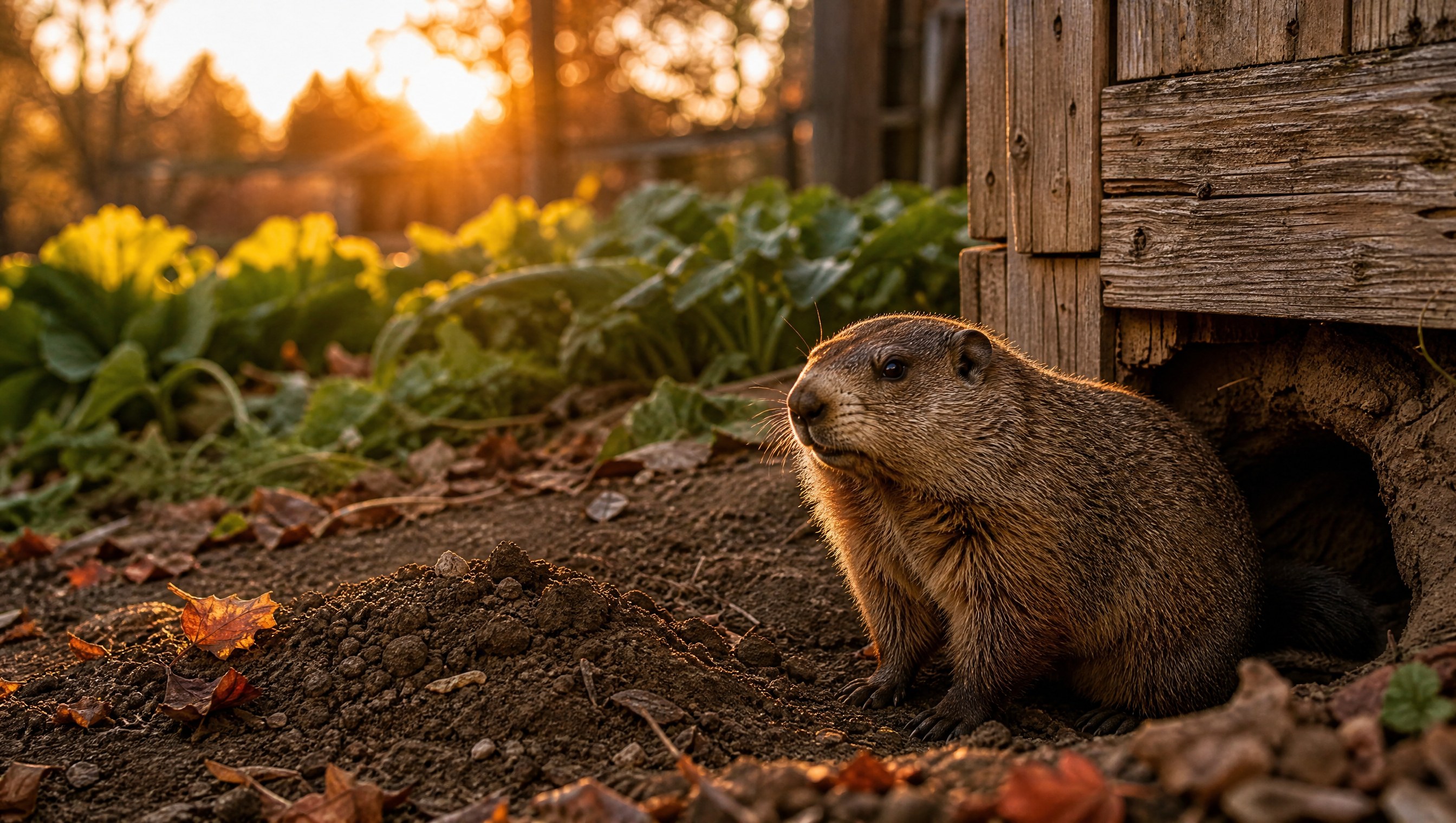 A groundhog at the mouth of its burrow beneath the corner of a weathered garden shed in low golden light