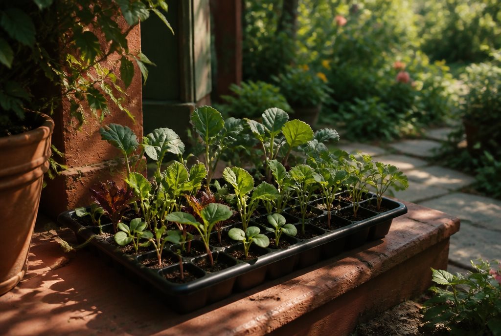 Tray of seedlings on a porch step in dappled morning shade