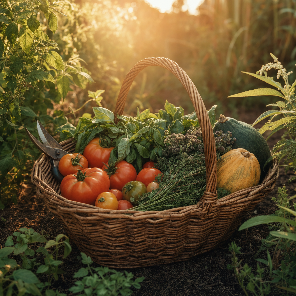 Wicker basket of late-summer harvest on garden soil