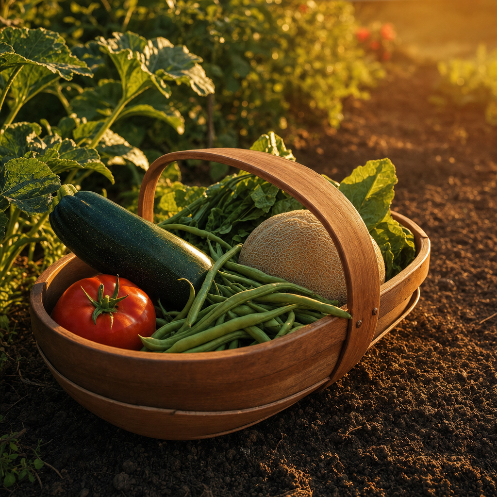 Garden trug with zucchini, tomato, beans and cantaloupe picked at peak ripeness