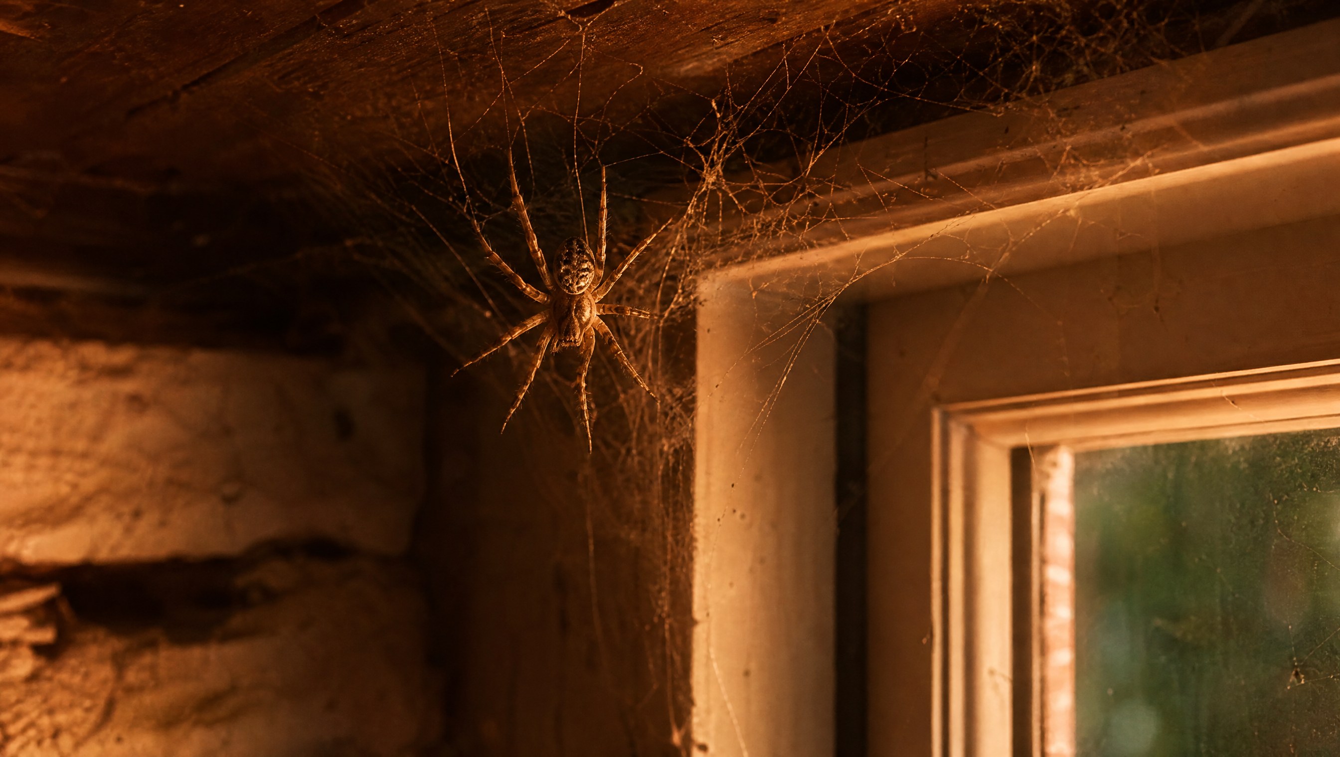 A small American house spider hanging in a tangled cobweb in a warmly lit basement window corner