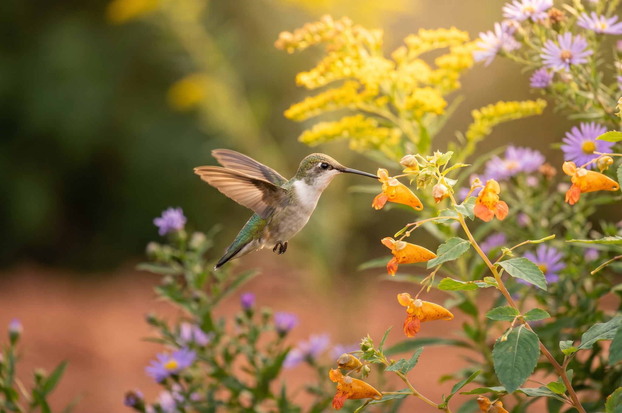 Female ruby-throated hummingbird hovering at orange jewelweed blossoms in golden evening light