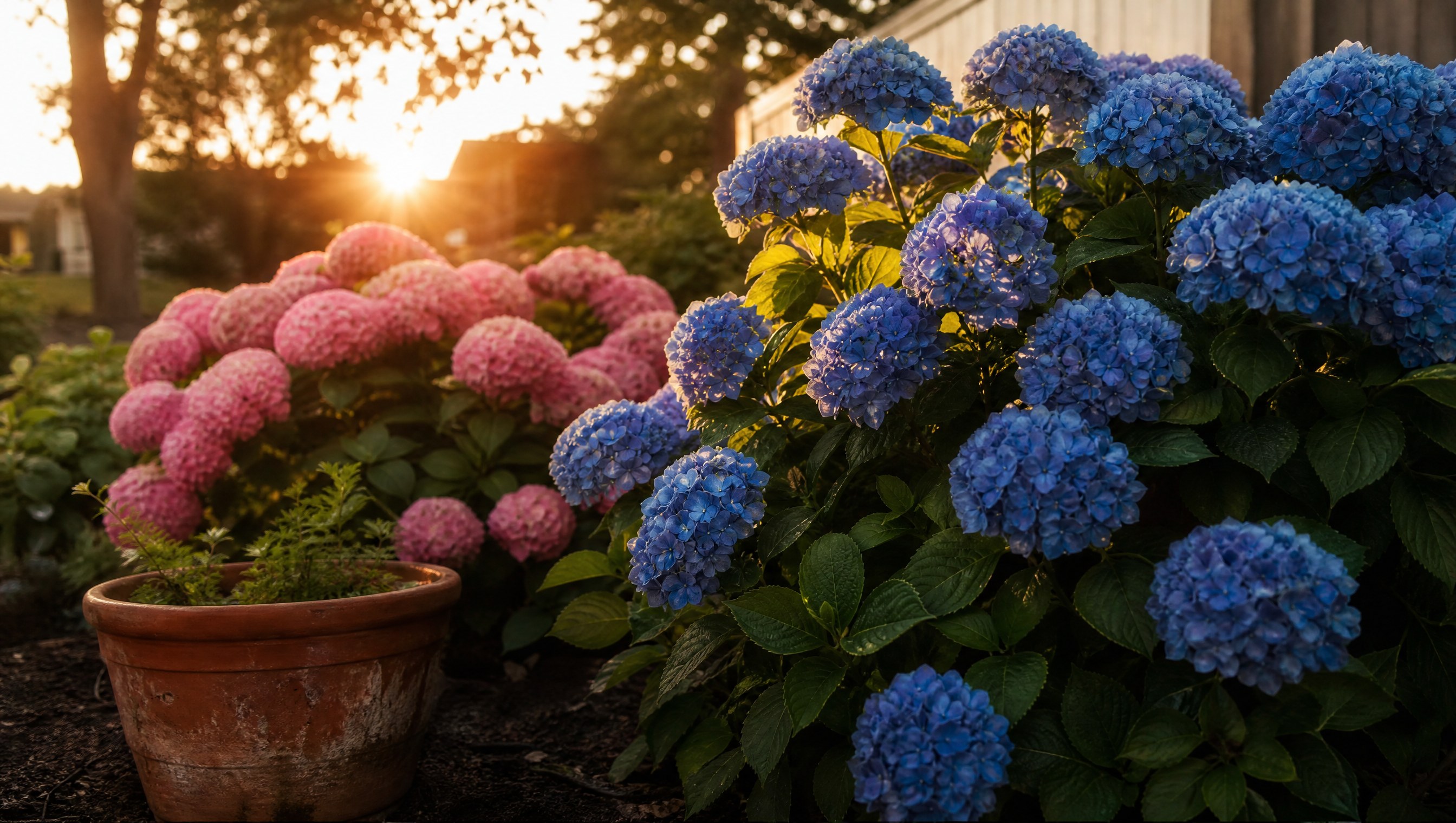 Blue and pink mophead hydrangea shrubs blooming side by side in golden evening light