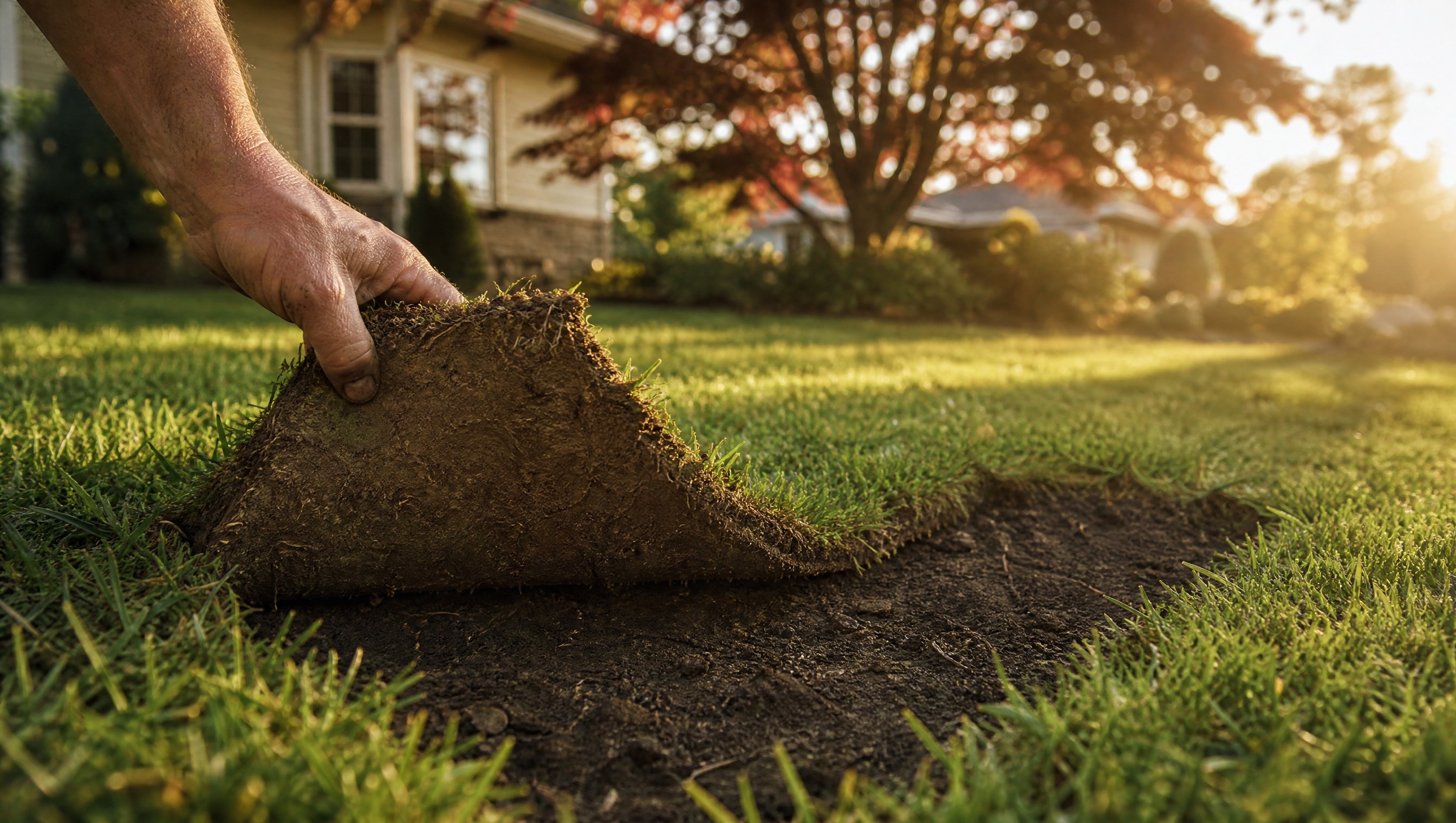 A hand lifting a flap of dead brown turf away from a suburban lawn like a loose carpet, bare soil beneath, low golden light