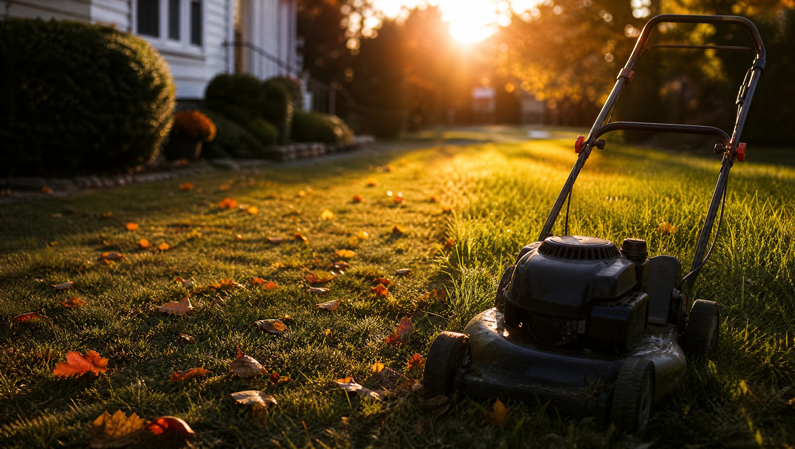 A push mower parked at the edge of a half cut lawn with the first fallen leaves in low golden light