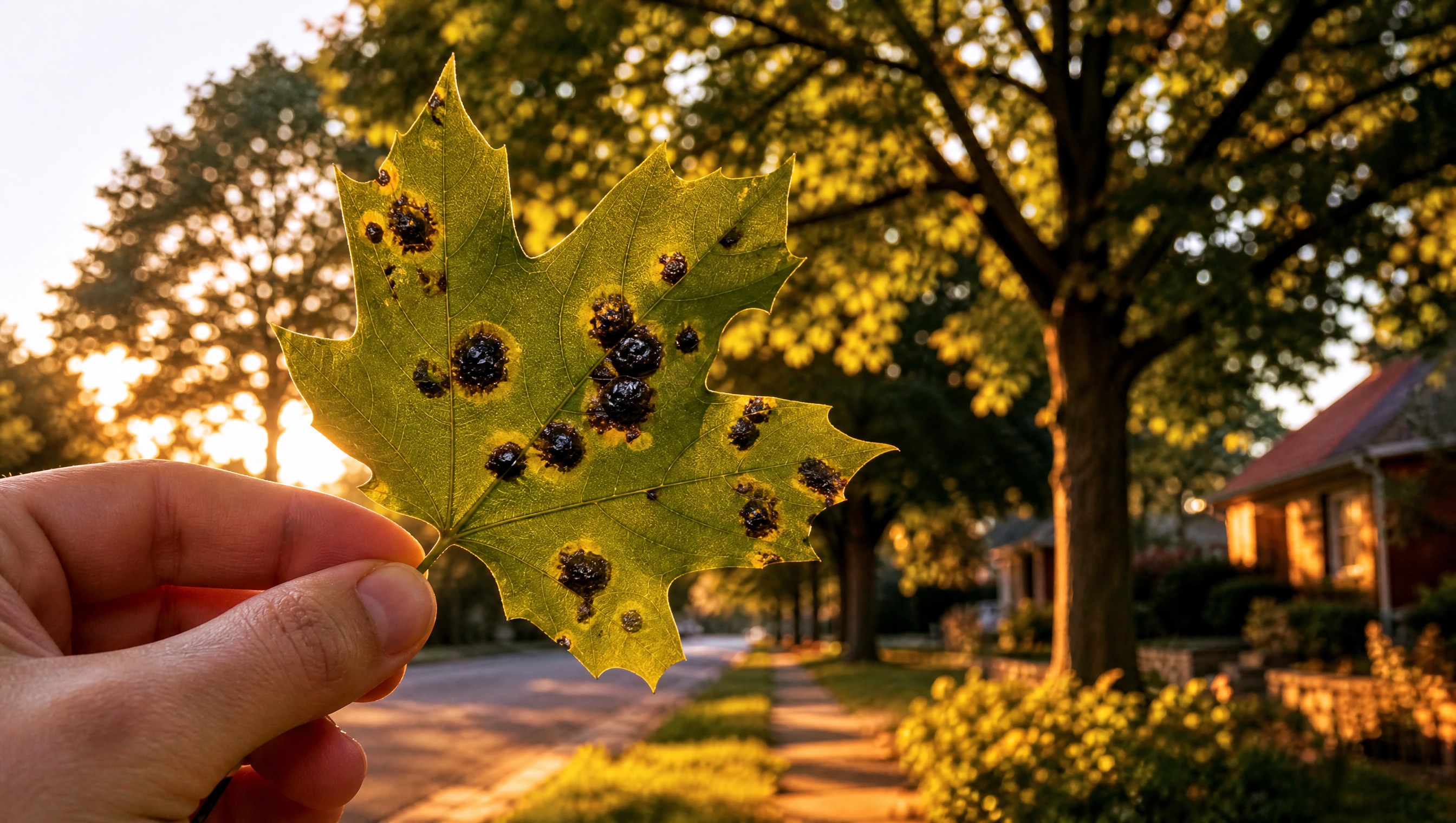 A hand holding up a green maple leaf marked with shiny black tar spot blotches ringed in yellow against a tree-lined street at golden hour