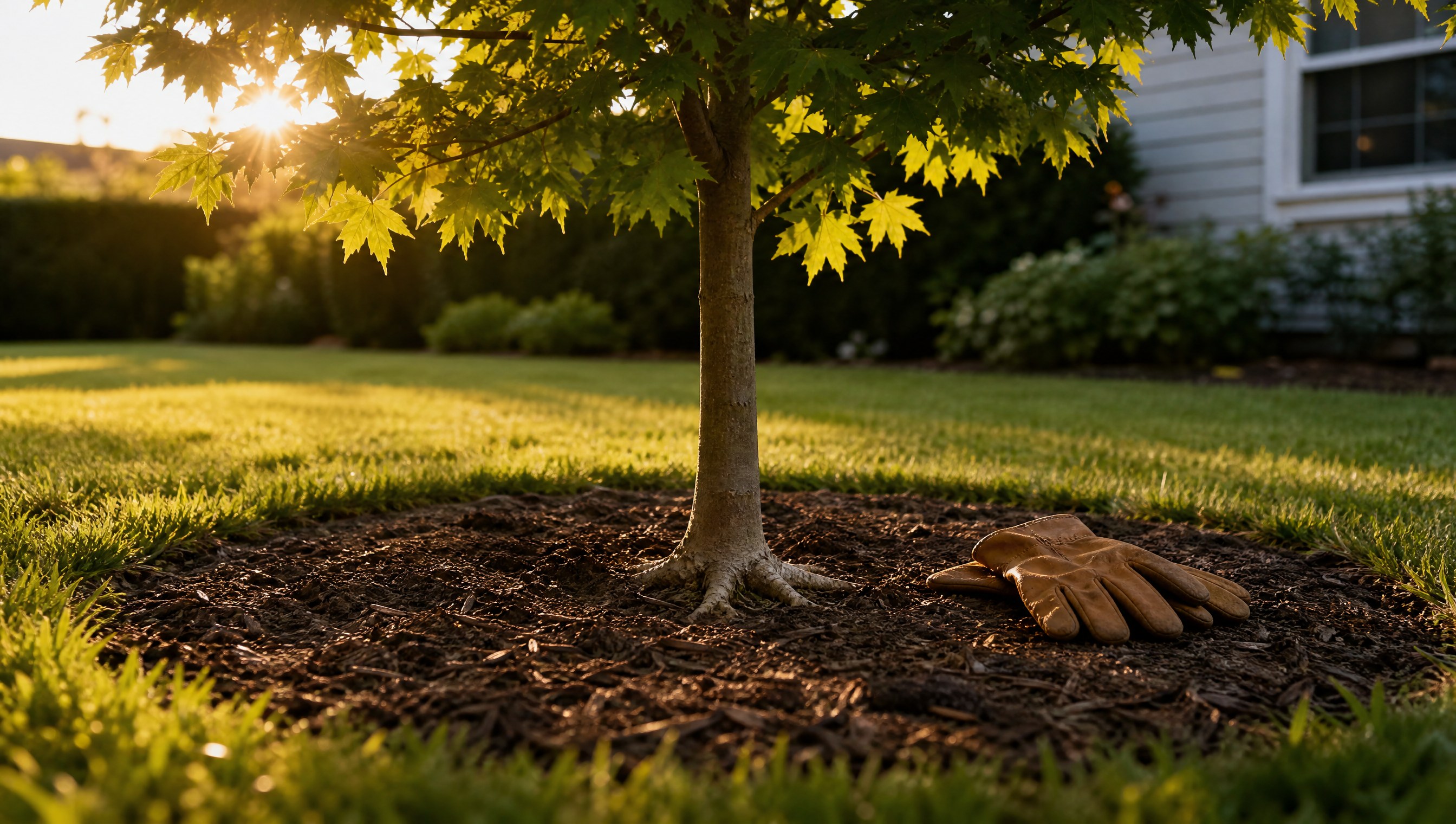 The base of a young maple with the mulch pulled back into a flat ring so the pale root flare shows, a pair of leather gloves resting on the mulch
