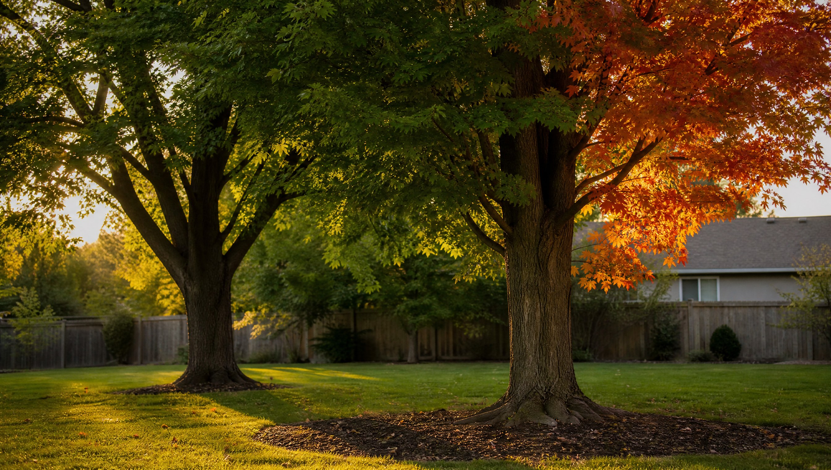 Two mature maples side by side at the edge of a lawn in low evening light, the nearer one turned orange-red on one whole side while the rest of its canopy and the tree beside it are still summer green