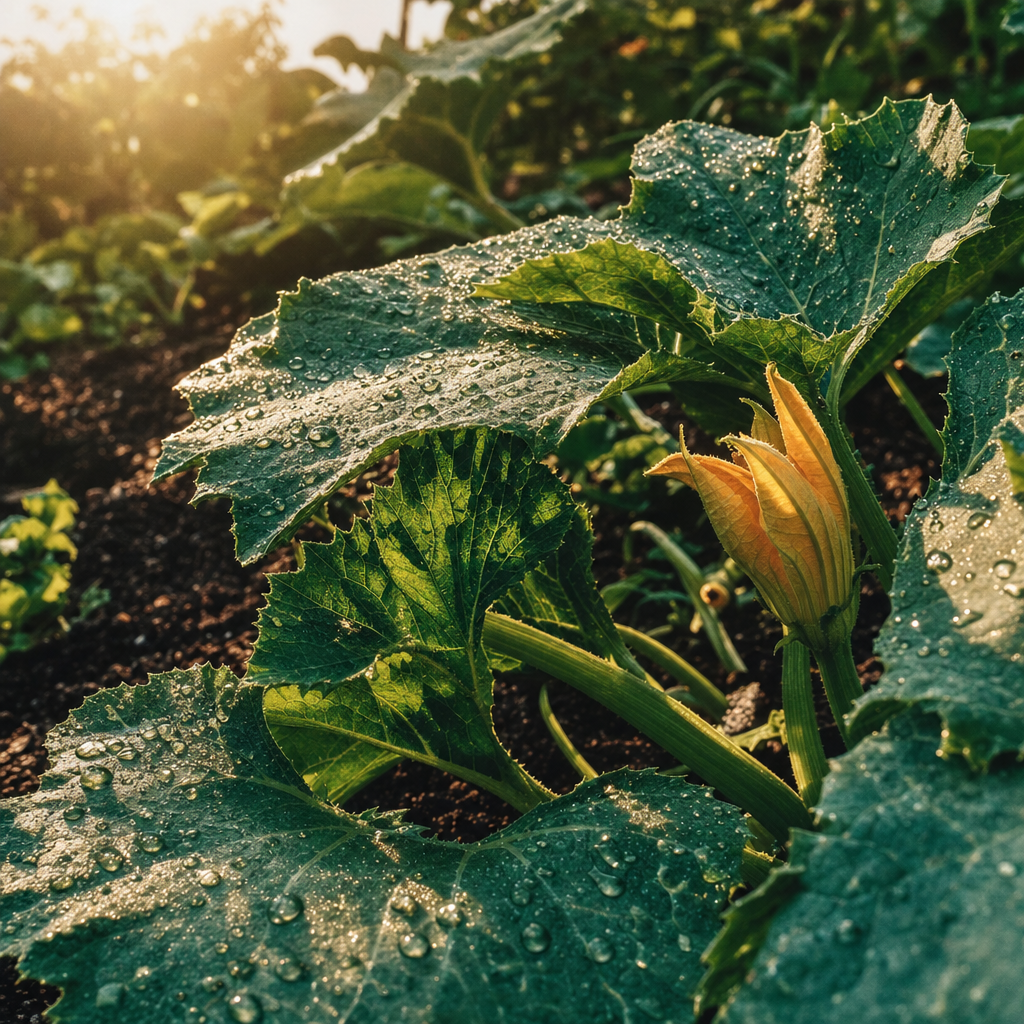 Water droplets on green squash leaves in bright midday sun