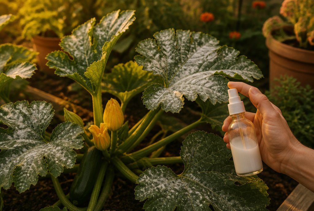 Zucchini leaves with powdery mildew beside a spray bottle of milky liquid