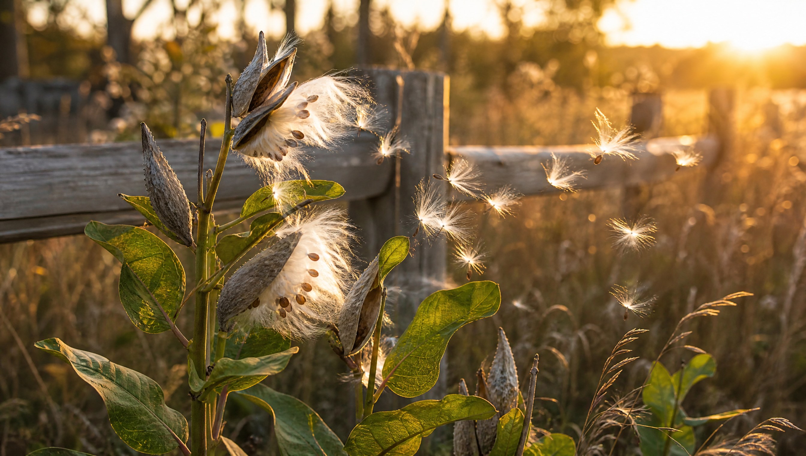 Split common milkweed pods spilling white silk along a fence line in golden September light, seeds lifting on their floss