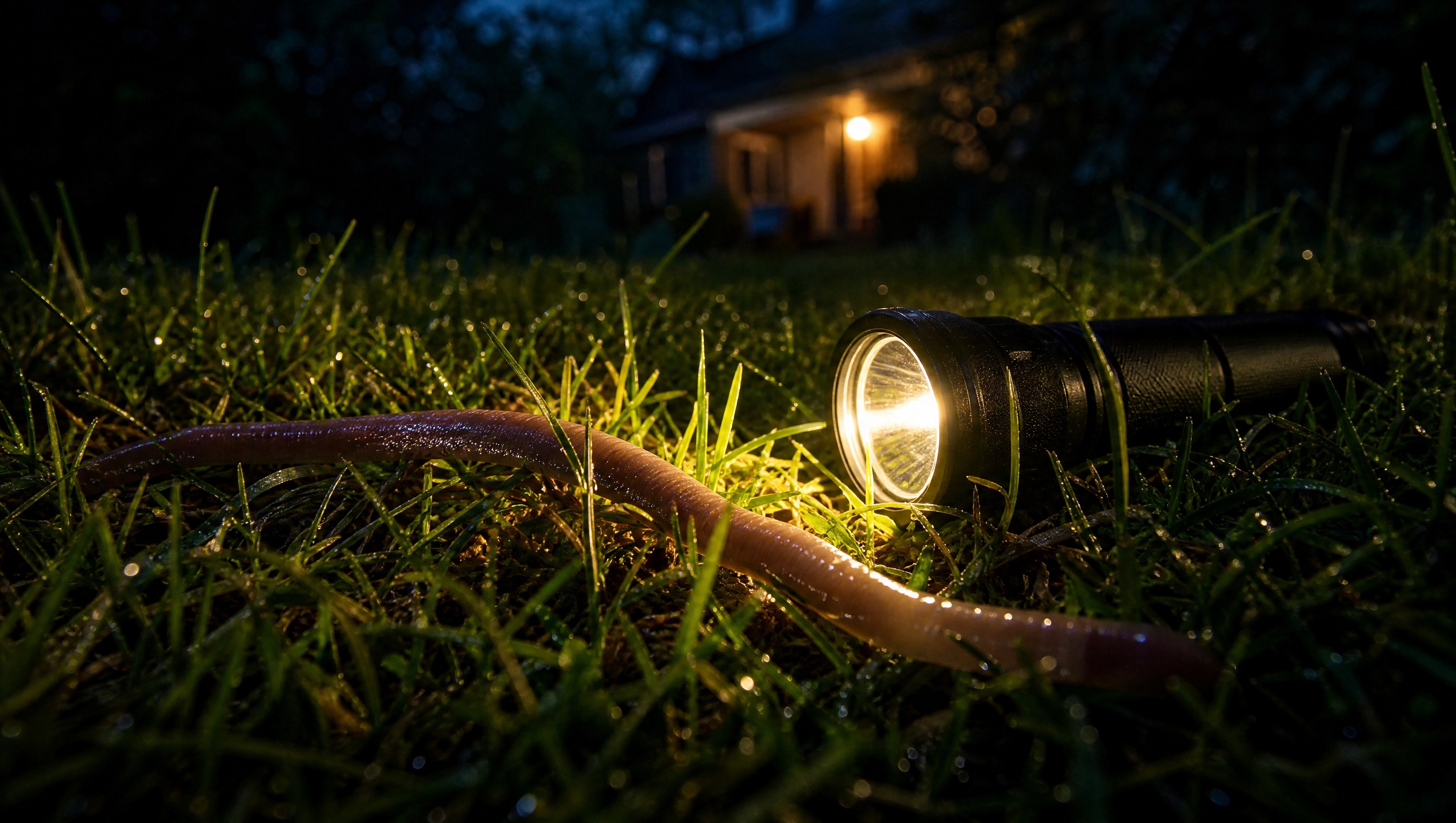 A nightcrawler stretched across dewy grass at night in the warm beam of a flashlight