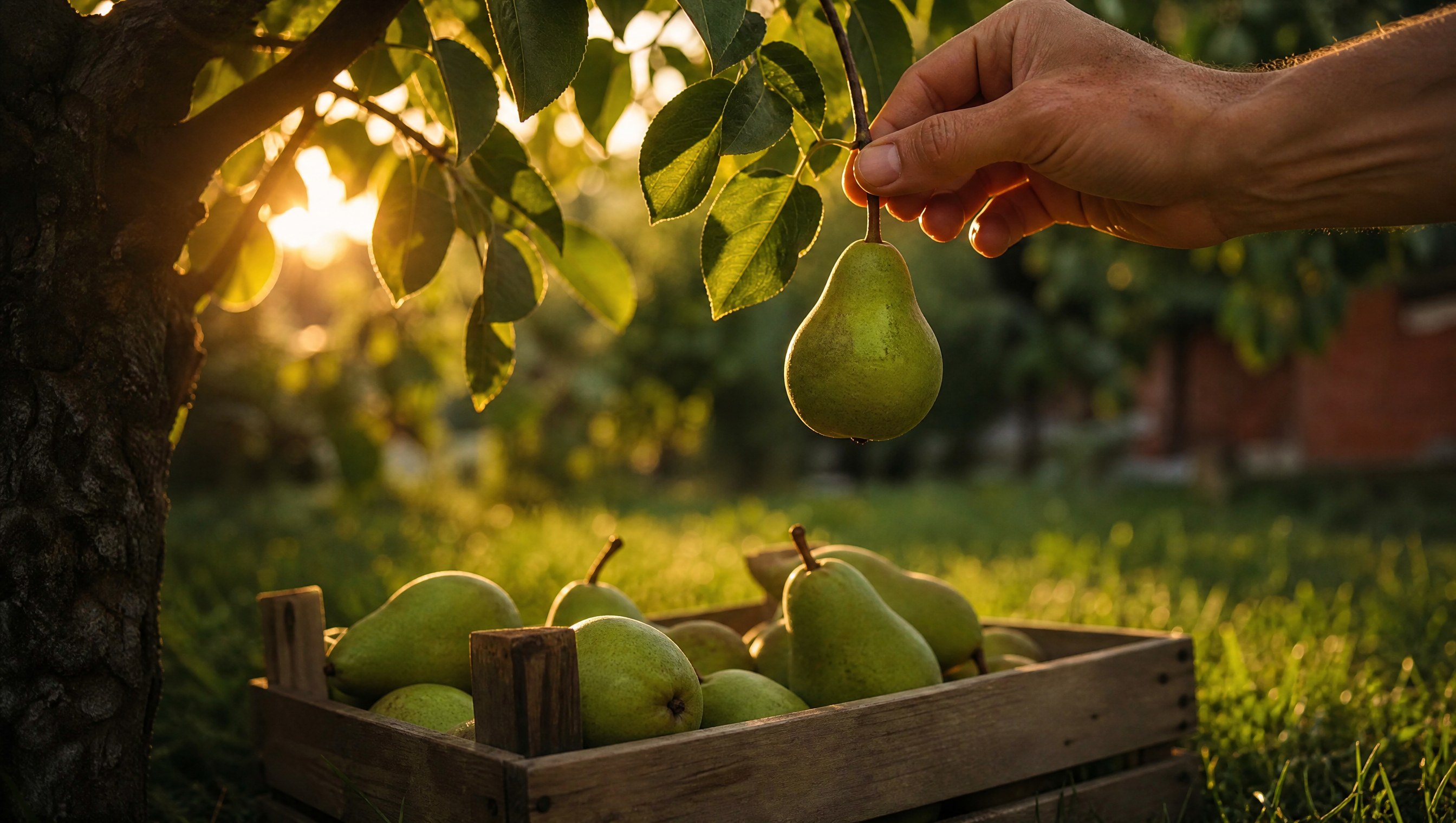 A hand lifting a hard green Bartlett pear sideways on its stem on a backyard pear tree in low golden light