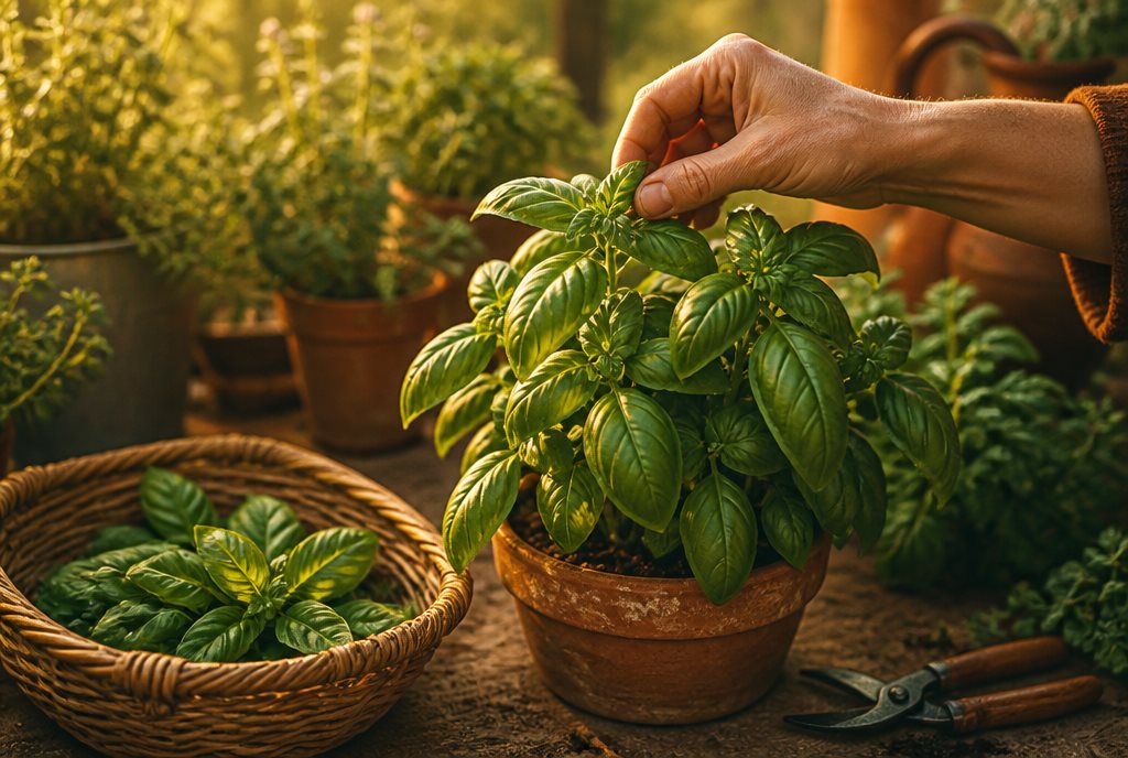 Fingers pinching the growing tip of a bushy basil plant