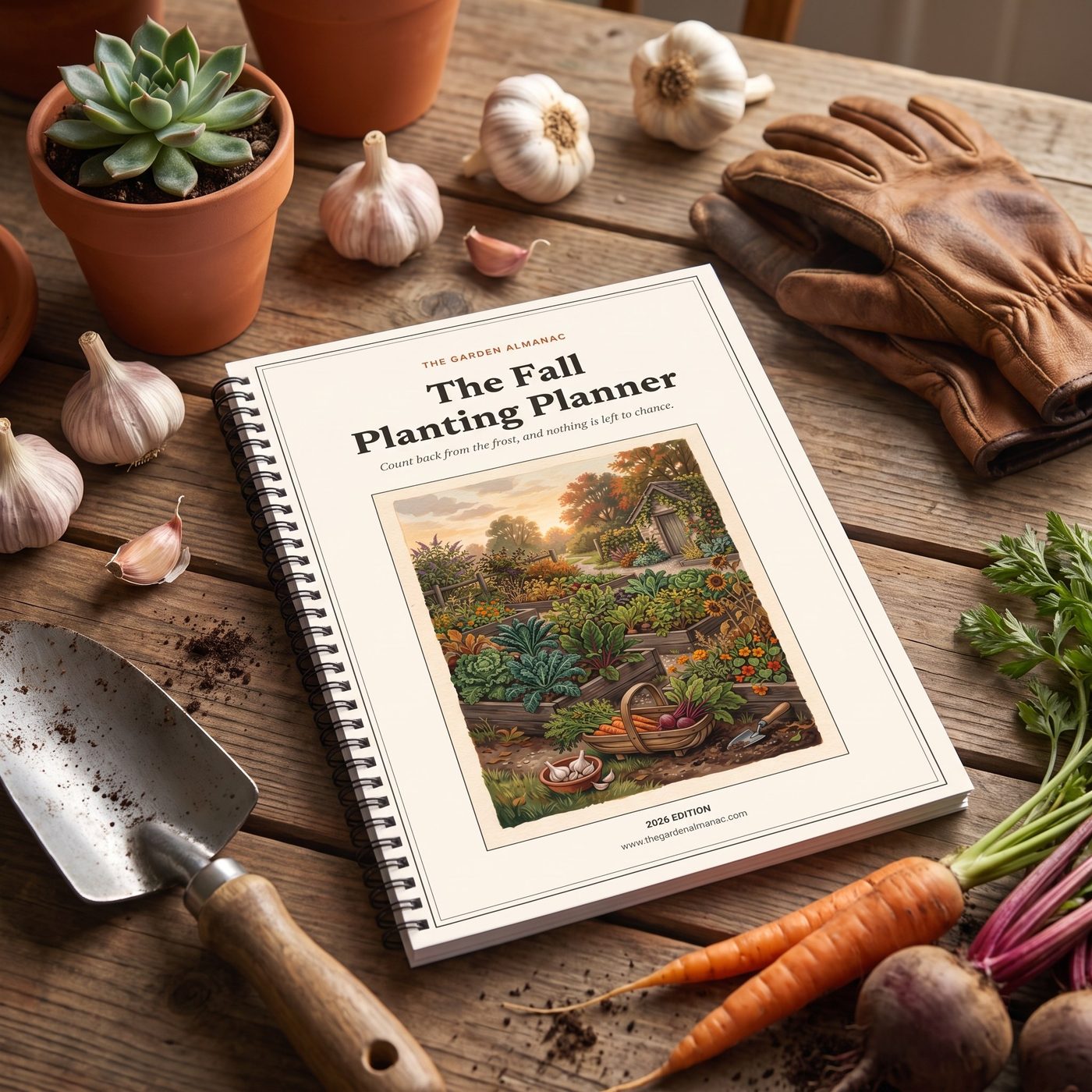The Fall Planting Planner, printed and spiral bound, on a garden table