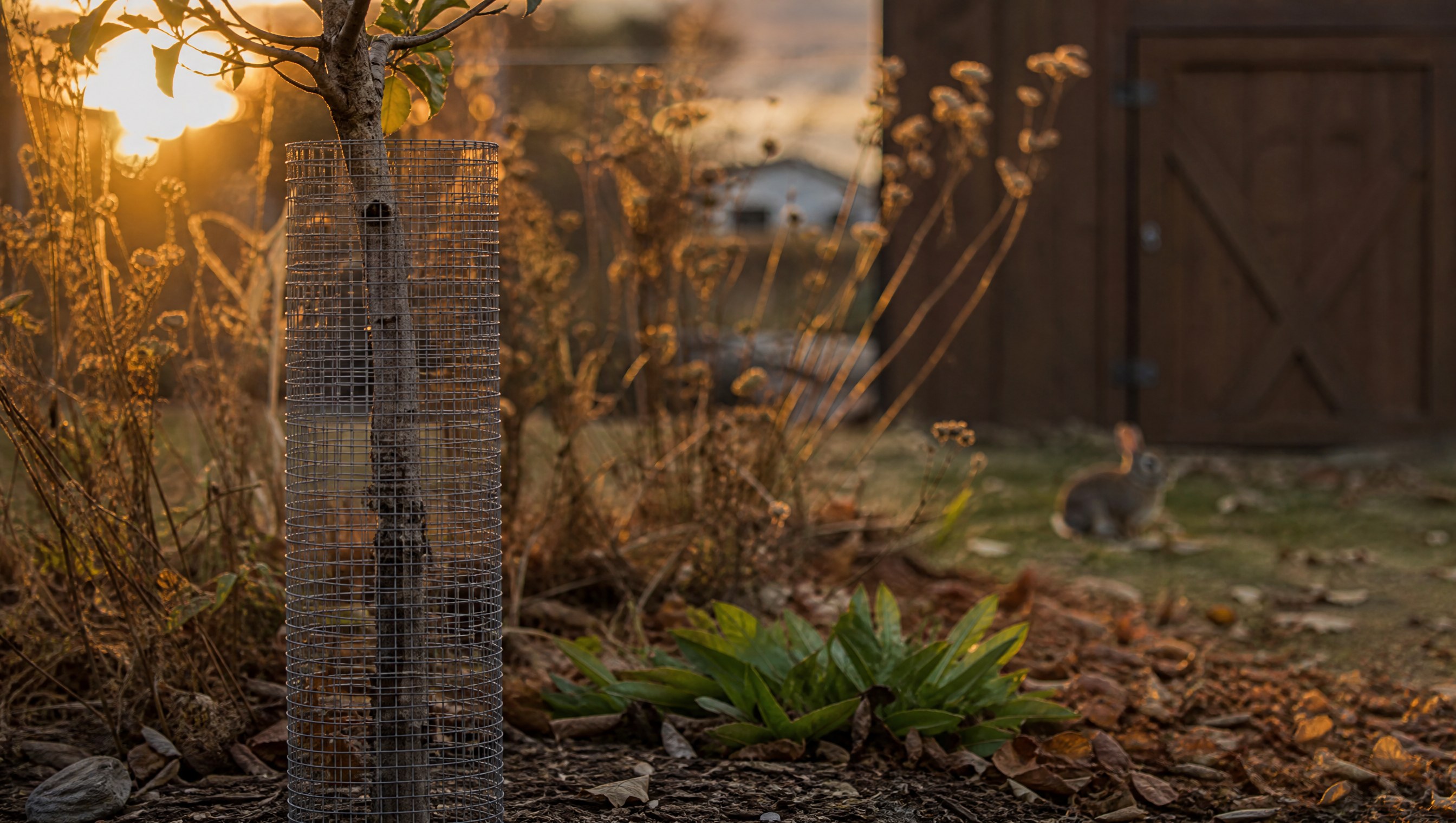 A young fruit tree trunk wrapped in a cylindrical hardware cloth guard in a garden at golden hour, a cottontail rabbit soft-focus in the background near a shed