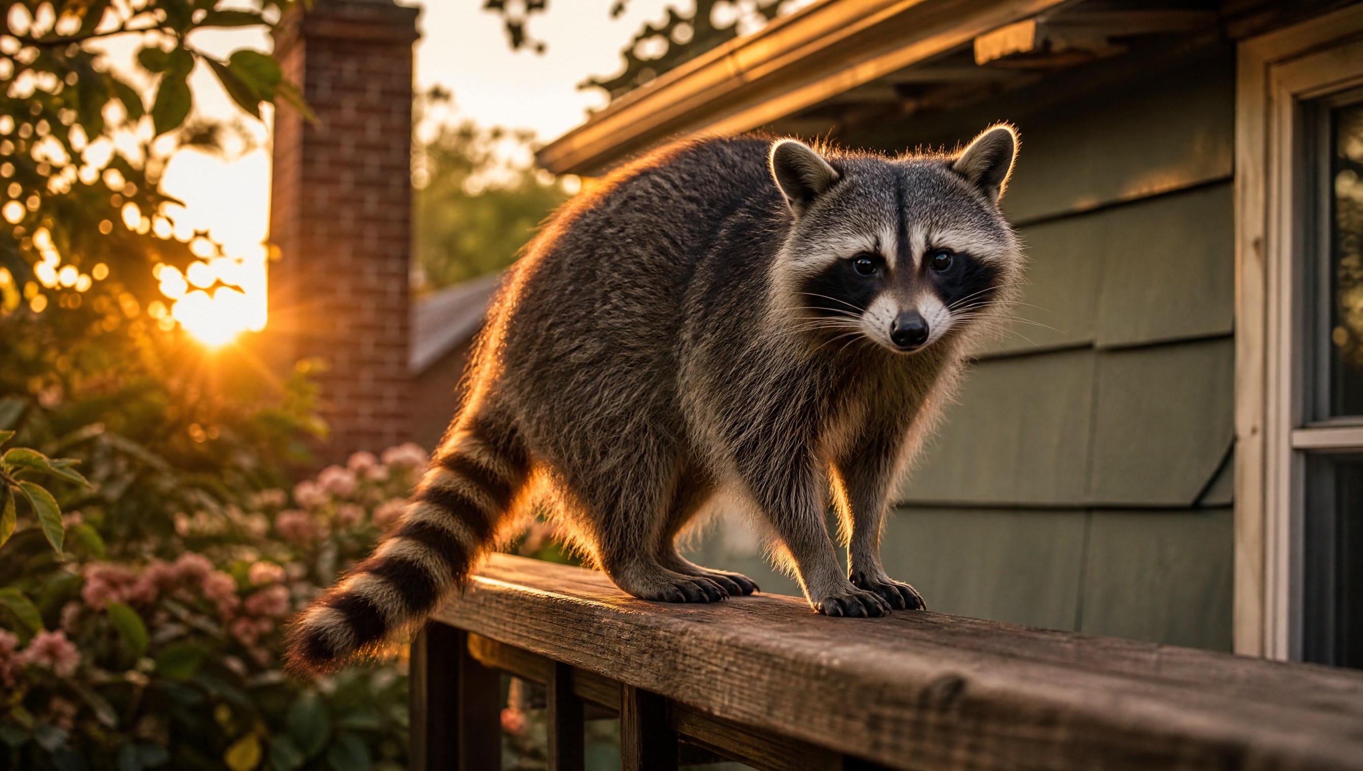 Golden-hour photograph of a raccoon on a deck rail at dusk beside a house with a brick chimney in the background