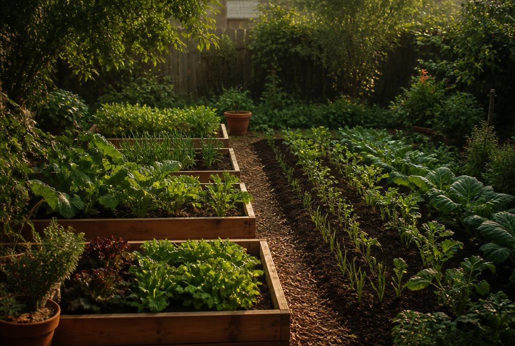 Wooden raised beds beside an in-ground vegetable plot in morning light