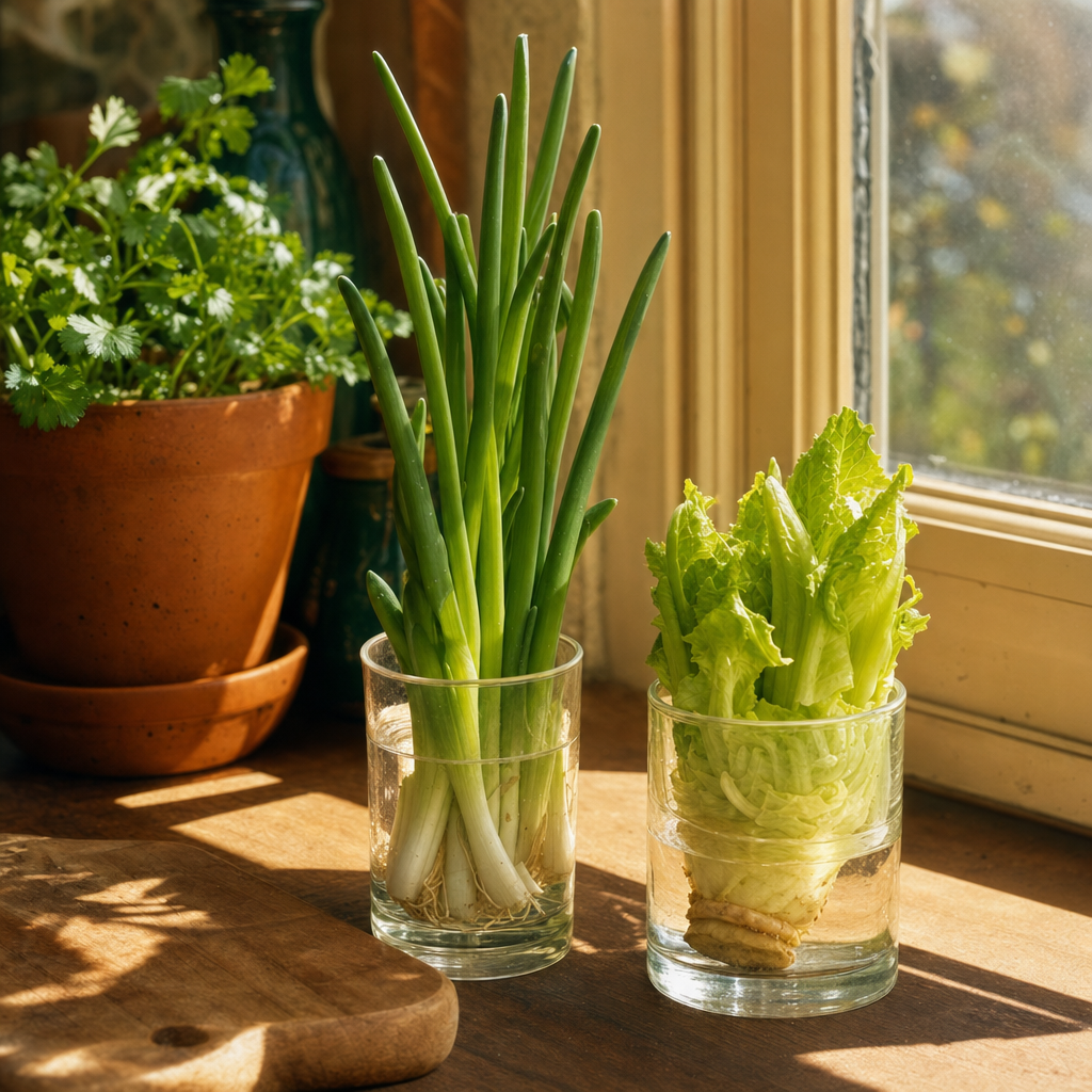 Green onion and lettuce ends regrowing in glasses of water on a sunny windowsill