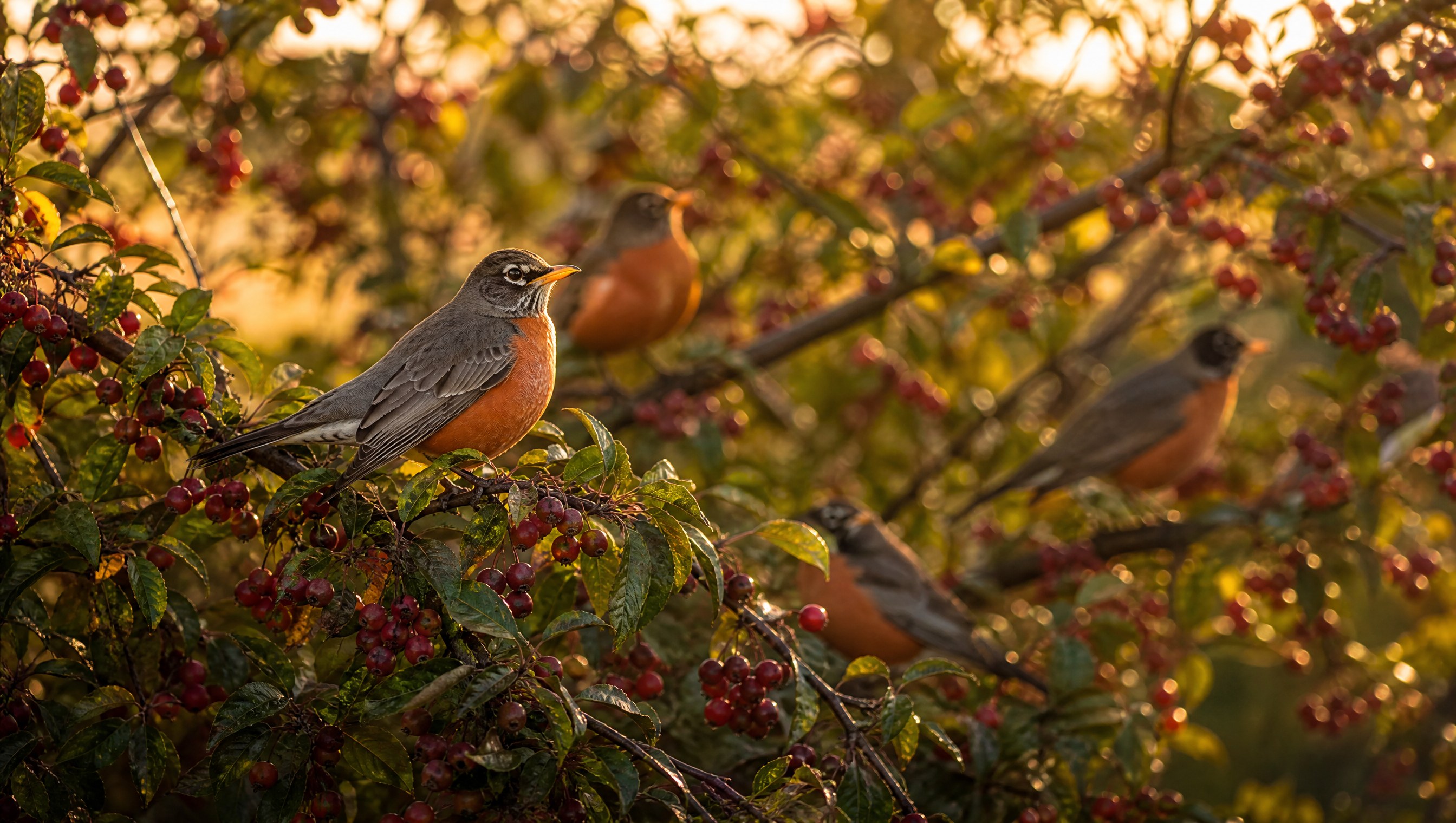 A loose flock of American robins feeding in a crabapple tree in low golden light