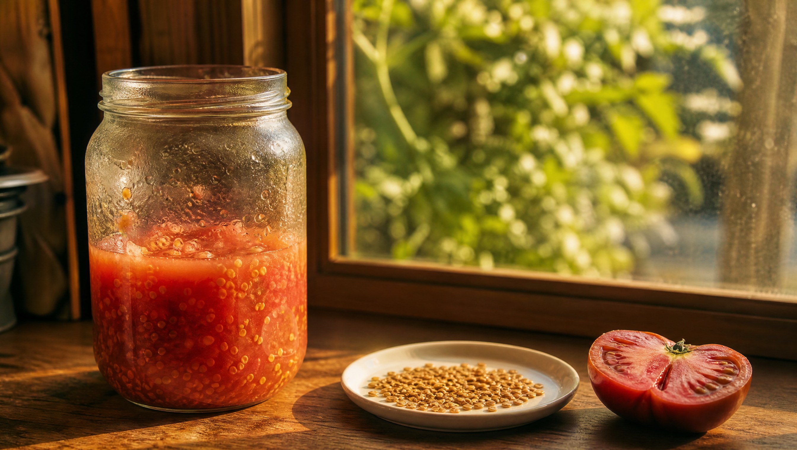A glass jar of fermenting tomato pulp and a saucer of drying tomato seeds on a sunlit wooden windowsill
