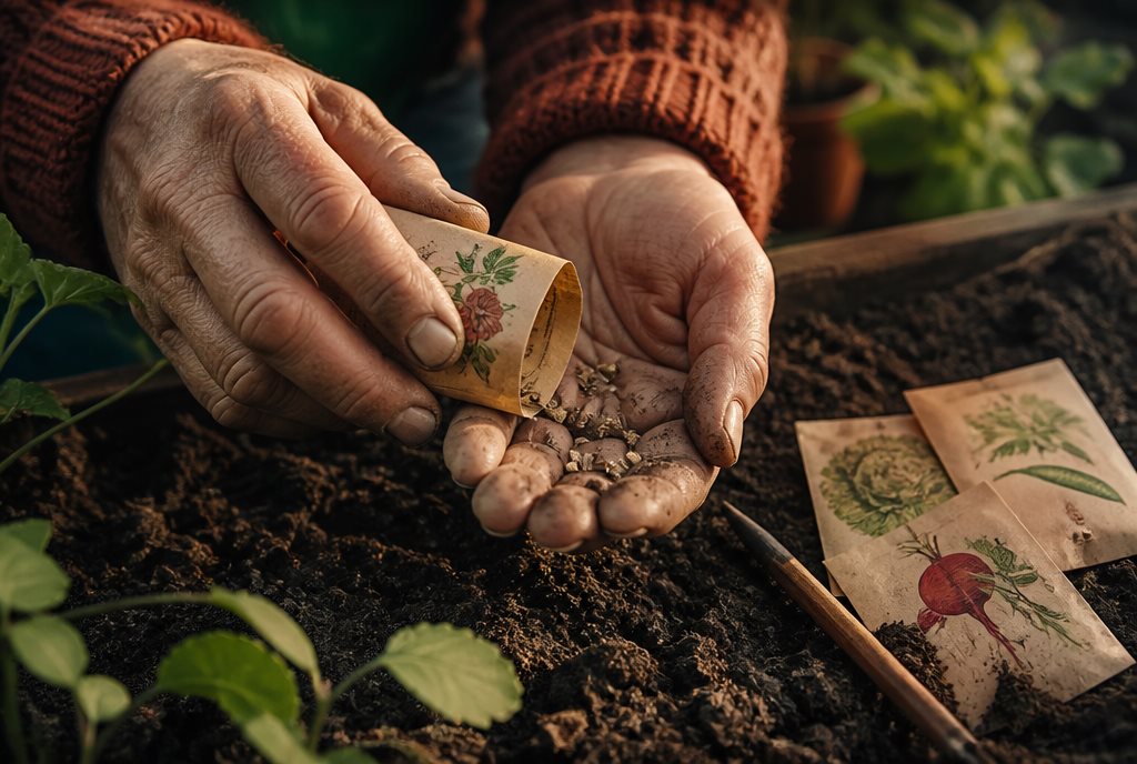 Hands holding an open seed packet over a garden bed with seeds in palm