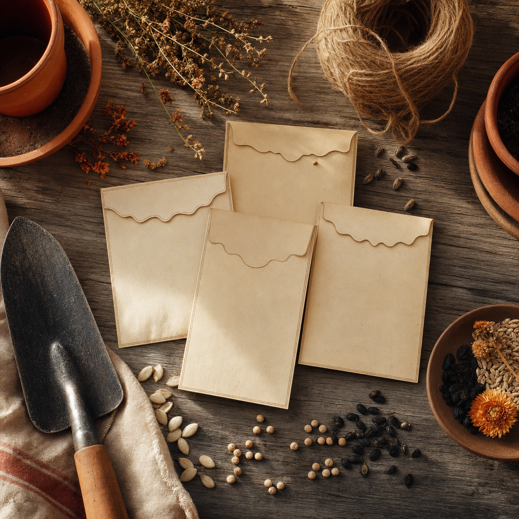 Seed packets and a trowel on weathered wood