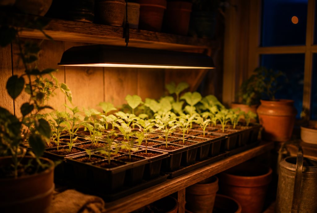 Vegetable seedlings in trays under a warm grow light on a wooden shelf